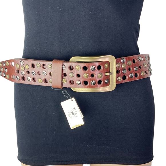 New Will Leather Goods Women's Studded Brown Wide Leather Statement Belt - Picture 1 of 11
